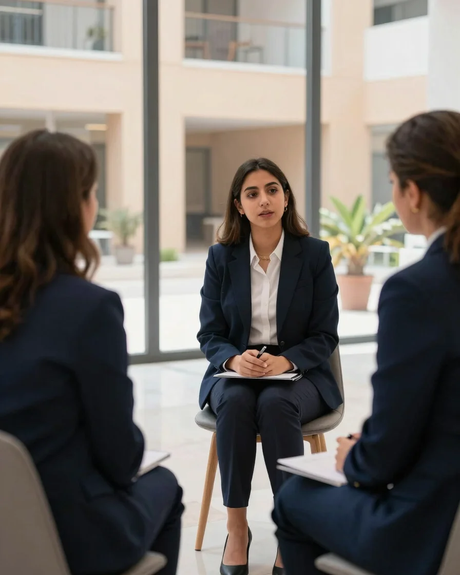 Advisory consultation between a Moroccan student and a counselor in a professional contemporary office, soft natural day