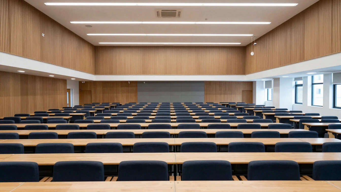 Modern university lecture hall, wide architectural view, empty, s