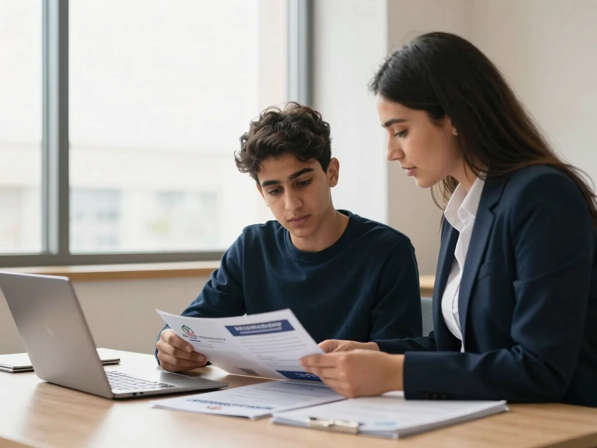 A Moroccan student and a counselor reviewing university brochures