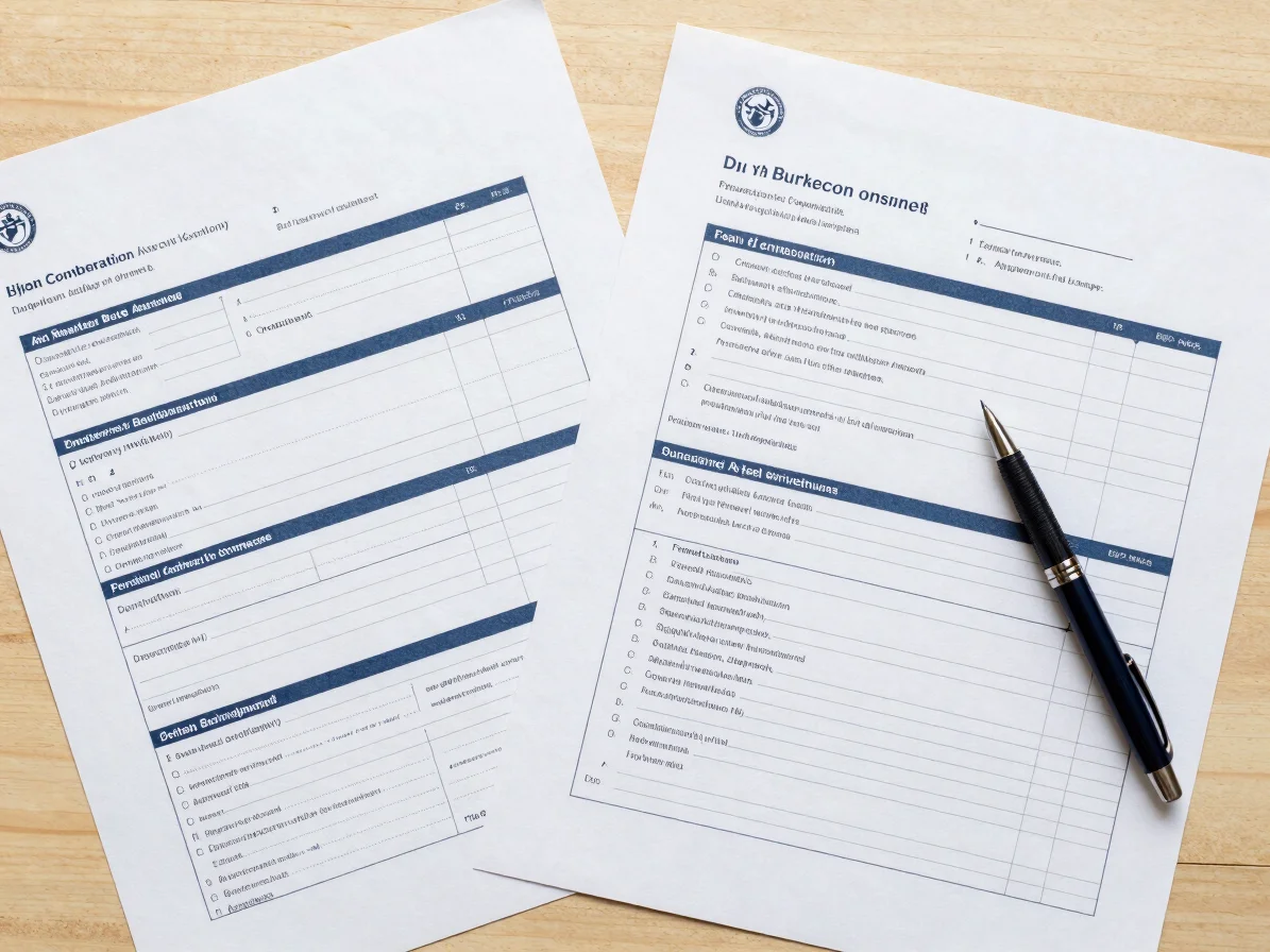 Top-down shot of academic plans and application forms with a pen,