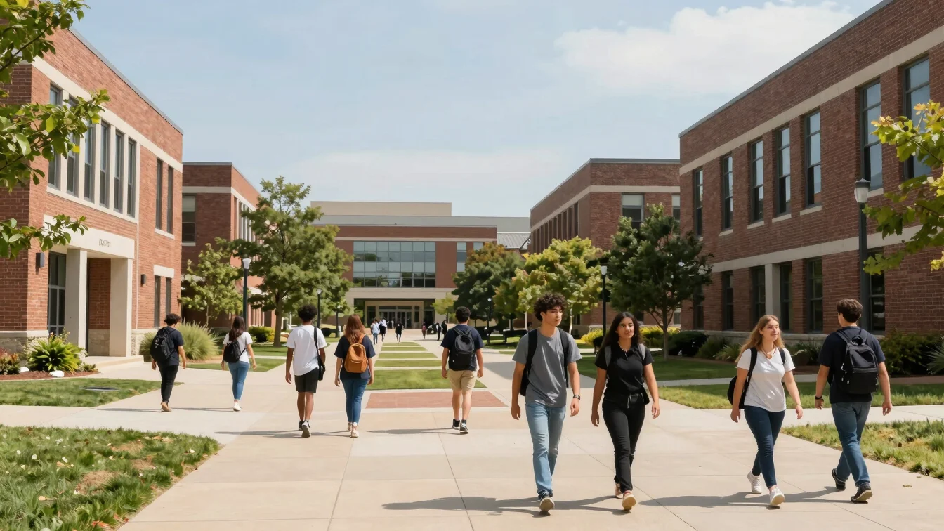 Wide shot of a modern, diverse university campus in North America