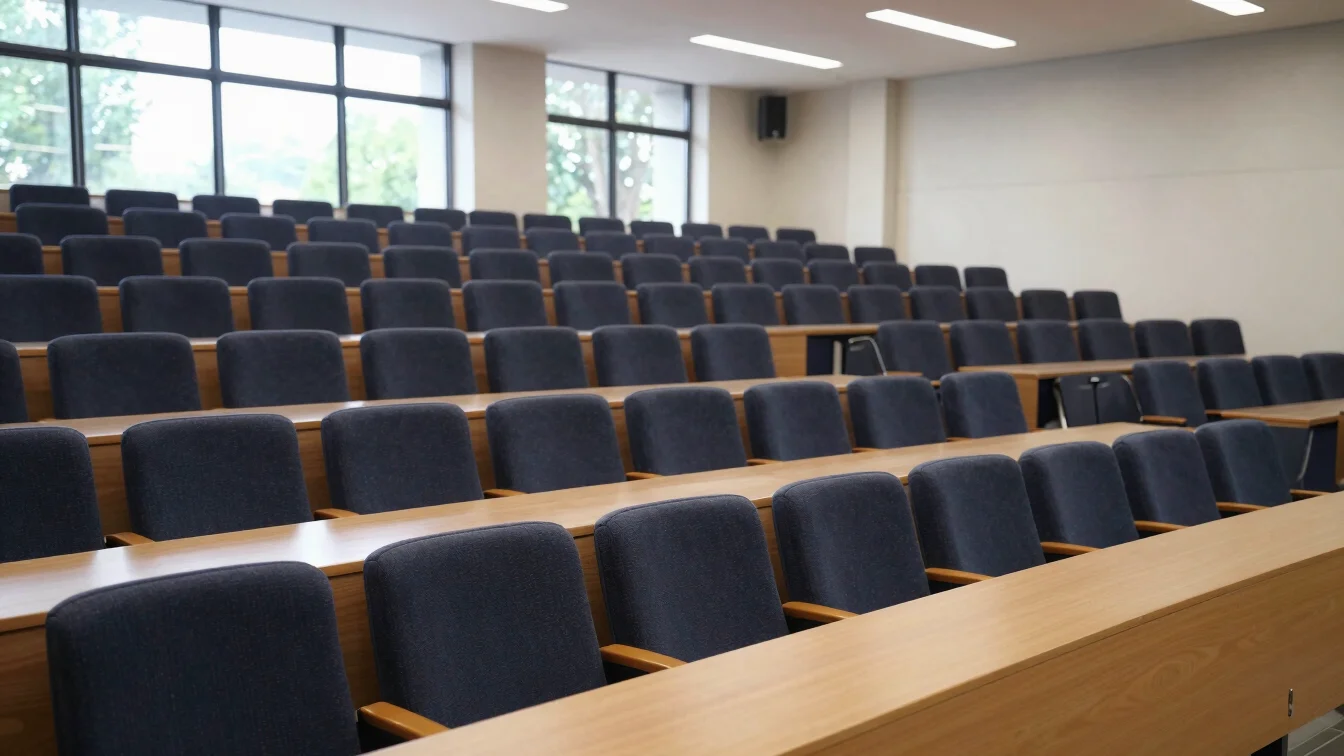 Modern university lecture hall with rows of empty seats, natural