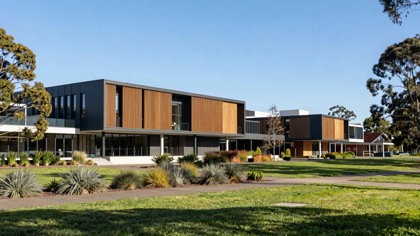 Panoramic shot of a modern Australian university campus with cont